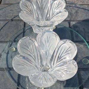 May include: Two clear glass decorative bowls with a frosted leaf design. The bowls are shaped like flowers and sit on a glass surface. The bowls are made of clear glass and have a frosted leaf pattern.