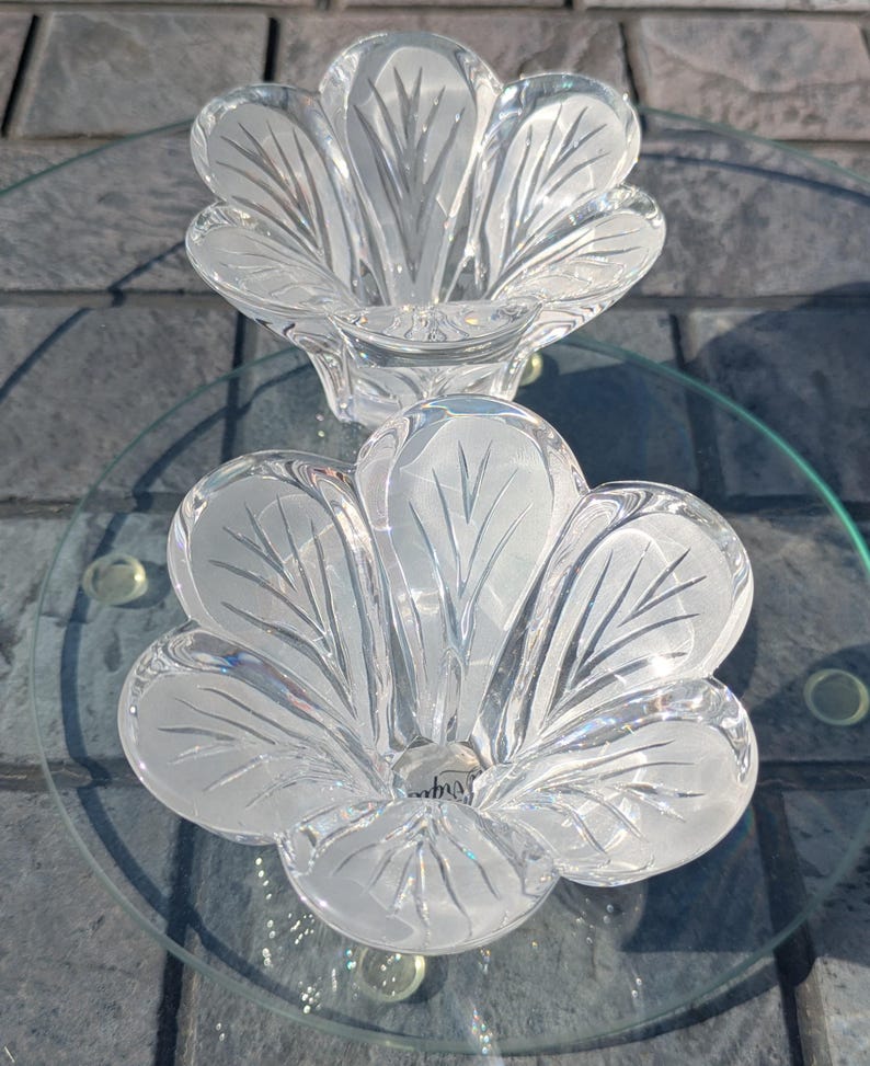 May include: Two clear glass decorative bowls with a frosted leaf design. The bowls are shaped like flowers and sit on a glass surface. The bowls are made of clear glass and have a frosted leaf pattern.