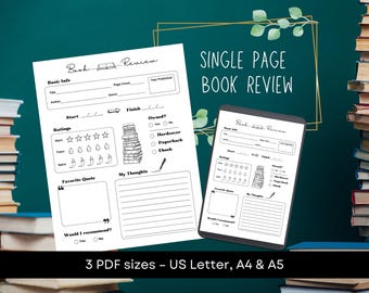 Book Review Template, Single Page Printable, Digital Download PDF, Book Journal Tracker, Reading Log, Booktok or Book Club, Book Report
