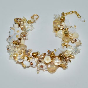 Artisan Beaded Bracelet - Czech Glass Beads - Beautiful White and Gold - Adjustable