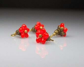 Vintage Style Bead Dangles Tiny Red Glass Flowers Set of Four R23