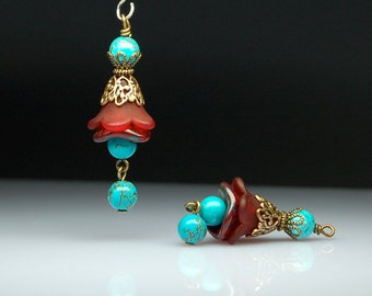 Vintage Style Earrings Red and Turquoise Lucite Flowers Pair R121