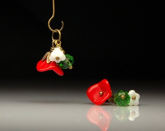 Vintage Style Bead Dangles Red and Green Christmas Flowers Pair R493