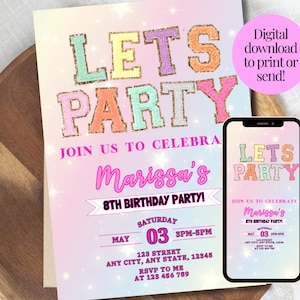 Invitación de cumpleaños con letras de parche, invitación de cumpleaños para niña, fiesta universitaria con parches, plantilla de Canva preppy, descarga instantánea editable, digital