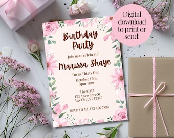 Pink Floral Birthday Invitation Template: Blush Watercolor Flowers (Canva Editable, Instant Download)