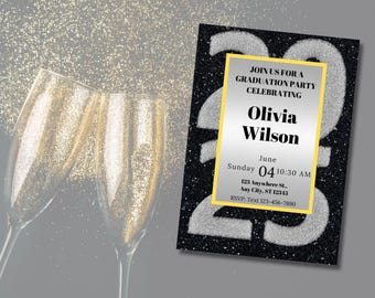 May include: A graduation party invitation with a black glitter background and silver glitter numbers. The invitation includes the text "Join us for a Graduation Party Celebrating Olivia Wilson" and event details.