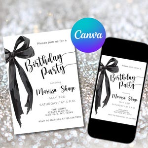 Può includere: Invito a una festa di compleanno in bianco e nero con un fiocco nero in cima. L'invito dice "Si prega di unirsi a noi per una festa di compleanno in onore di Marissa Shaye il 3 maggio Sabato/alle 15:00. The Home 123456 Main St. New York, NY, 12345 RSVP a Marissa al 123.456.7890"
