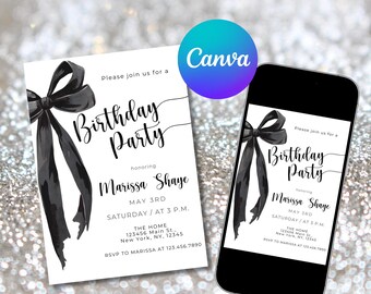 Black Bow Birthday Invitation | Minimalist Coquette Style | Editable Canva Template | Instant Download