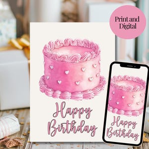 Carte d'anniversaire gâteau rose - téléchargement numérique pour une célébration douce