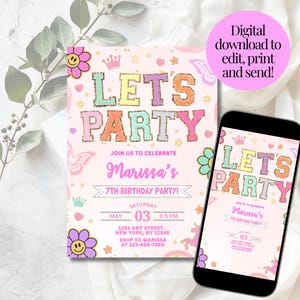 Op de afbeelding: Roze en witte printbare uitnodiging met een eenhoorn, vlinders en bloemen. De tekst luidt "Let's Party" en "Marissa's 7th Birthday Party!" met details voor het feest.