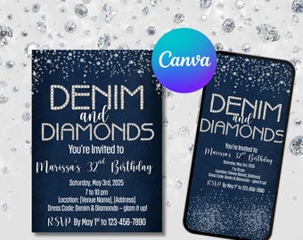 Denim & Diamonds Birthday Invitation: Editable Canva Template (Digital)