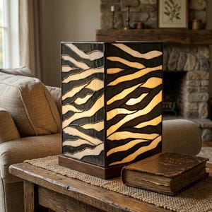 Op de afbeelding: Een rechthoekige tafellamp met een glas-in-lood kap met een zwart en crème zebrapatroon. De lamp is gemonteerd op een donkerhouten voet en verspreidt een warme, zachte gloed door de doorschijnende glazen panelen.