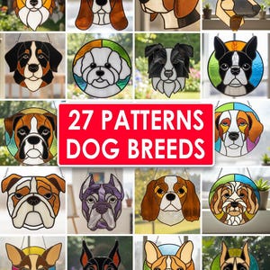 Puede incluir: Una colección de 27 patrones de vidrieras de razas de perros con varios rostros caninos en diseños circulares y formas. La imagen muestra múltiples piezas de arte en vidrio de colores con rasgos distintivos, incluyendo el texto 27 PATTERNS DOG BREEDS.