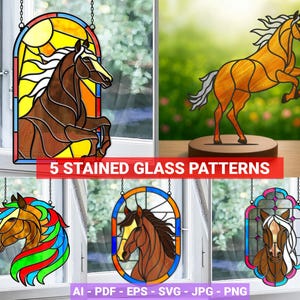 May include: Five stained glass patterns featuring horses in various poses and styles. The designs include a horse rearing up, and several framed horse portraits. The image includes the text "5 STAINED GLASS PATTERNS".