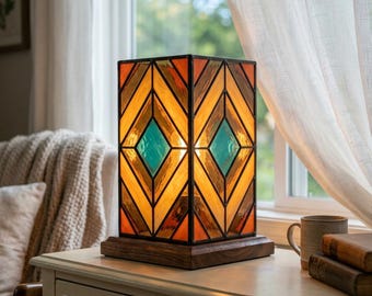 Geometric Stained Glass Lamp Pattern, Art Deco Tiffany Style Template, Colorful Mosaic Lantern Design,
