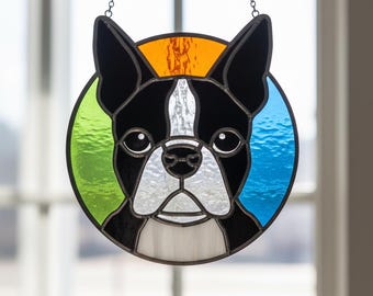 Padrão de vitral Boston Terrier • Molde para rosto de raça de cachorro • Padrão numerado