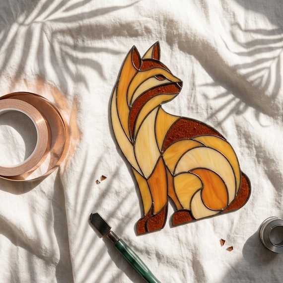 Cat Stained Glass Pattern by Number – DIY Digital Template Geometric Animal Suncatcher Design