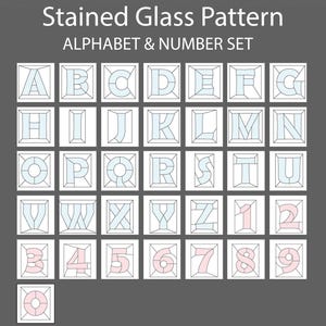 May include: A grid of stained glass alphabet and number patterns. The letters A through Z and the numbers 1 through 9 are displayed in a square format. The letters and numbers are outlined in black with a light blue or pink fill.