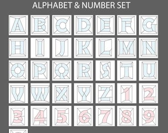 Conjunto de patrones de alfabeto y números en vitrales / Letras de la A a la Z y números del 0 al 9 / Descarga instantánea