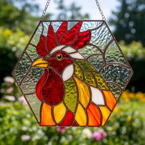May include: A stained glass rooster in a hexagonal frame. The rooster features red, yellow, orange, white, and green glass pieces. The glass is textured and the frame is a dark brown color. A chain is attached for hanging.