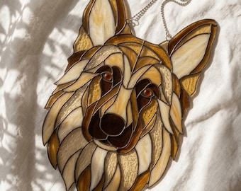 German Shepherd Stained Glass Suncatcher, Amber Black Dog Art Panel