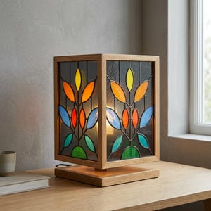 Könnte beinhalten: Eine rechteckige Tischleuchte mit einem hellen Holzrahmen und einem Buntglasschirm. Der Schirm zeigt ein symmetrisches botanisches Muster aus blattförmigen Glaselementen in Gelb, Orange, Rot, Blau und Grün auf dunklem Glas.