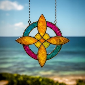 May include: A vibrant stained glass suncatcher with a cross-shaped design. The piece features a central yellow and orange motif, encircled by teal and magenta. It hangs from a chain, with a blurred ocean and sky in the background.