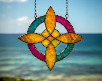 Patrón de vitral con mandala floral: plantilla para atrapasol floral