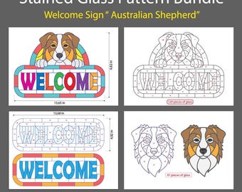 Pacchetto di vetrate colorate con motivo "Benvenuto Cane" / Modelli di Pastore Australiano / File Cricut