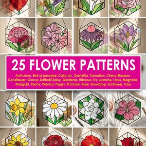 25 blommönster med målat glas i paket SVG PNG PDF