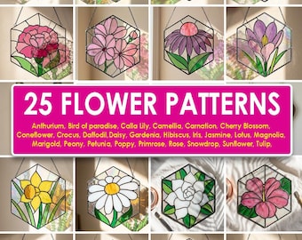 25 blommönster med målat glas i paket SVG PNG PDF