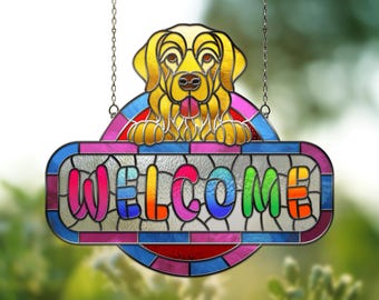 Modello di cartello di benvenuto in vetro colorato con Golden Retriever (PDF, SVG, AI)