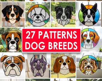 Modelli di vetrate con razze di cani / 27 modelli di acchiappasole (download PDF)