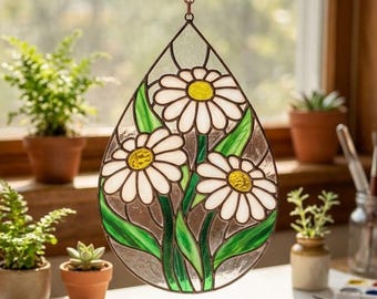 Motivo arazzo con margherite in vetro colorato / Modello di arte floreale (SVG, PDF)