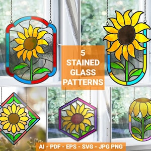 Set of 5 Sunflower Stained Glass Patterns | DIY Glass Art Templates | Floral Suncatcher Pattern Bundle | Digital Download