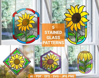 Set di motivi per vetrate con girasoli: modelli per acchiappasole floreali (download digitale)