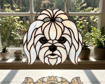 Maltesischer Hund Glasmalerei Suncatcher Muster, Welpe Fensterbehang, Tierliebhaber Geschenk, DIY Glaskunst Vorlage,