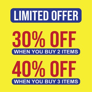 Może przedstawiać: Ż&oacute;łte tło z napisem "LIMITED OFFER" w niebieskim prostokącie. Poniżej, tekst "30% OFF WHEN YOU BUY 2 ITEMS" i "40% OFF WHEN YOU BUY 3 ITEMS" są wyświetlane na czerwono.