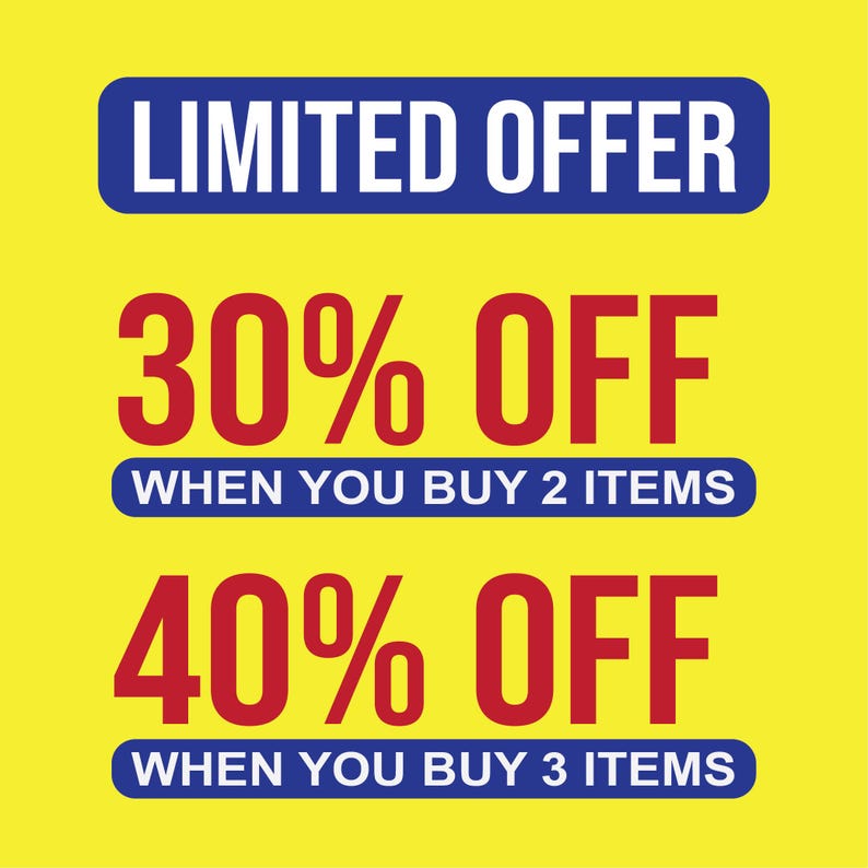 Może przedstawiać: Ż&oacute;łte tło z napisem "LIMITED OFFER" w niebieskim prostokącie. Poniżej, tekst "30% OFF WHEN YOU BUY 2 ITEMS" i "40% OFF WHEN YOU BUY 3 ITEMS" są wyświetlane na czerwono.