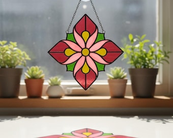 Motif géométrique de vitrail de fleurs, modèle attrape-soleil mandala (téléchargement numérique)