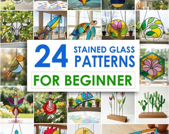 Pacchetto di 24 modelli per vetrate artistiche per principianti, acchiappasole con animali e fiori in formato SVG (PDF)