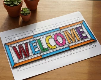 Cartello di benvenuto con motivo in vetro colorato / Progetto fai da te per principianti (pdf, svg, ai, eps, jpg, png)