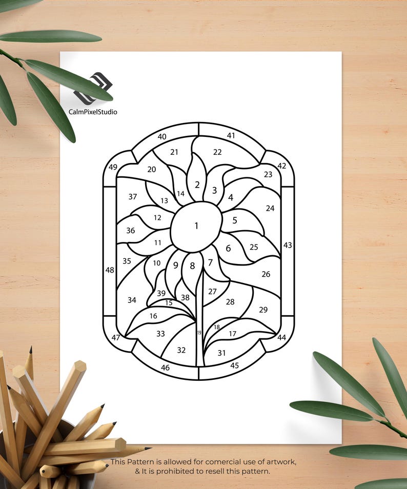 Sunflower Number Pattern Sunflower Stained Glass Pattern: DIY Suncatcher, Color by Number ...