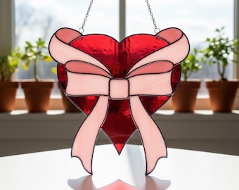 Motivo per vetrate colorate Love & Ribbon / Design a forma di cuore di San Valentino / Modello per arte romantica in vetro