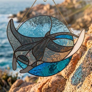 Op de afbeelding: Een ronde glas-in-lood zanger met een silhouet van een mantarog gemaakt van donkergrijze glasstukken. De achtergrond bestaat uit getextureerde lichtblauwe en diep turquoise glassegmenten, allemaal samengehouden door donkere metalen soldeerlijnen.