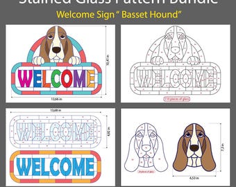 Pacchetto di vetrate colorate con motivo "Benvenuto cane" / Modelli di Basset Hound / File Cricut per razze di cani