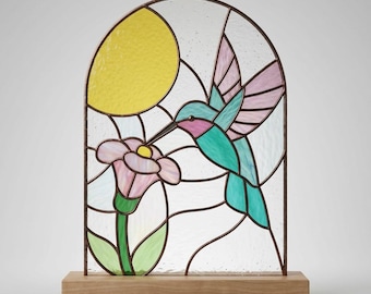Stained Glass Hummingbird Pattern SVG, Floral Bird Suncatcher Template, Arch Window Glass Design