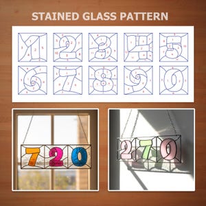 May include: A stained glass pattern with numbers 0-9, and two finished stained glass house number signs. One sign displays the numbers 720 in orange, pink, and blue. The other sign shows 270 in pink, green, and pink.