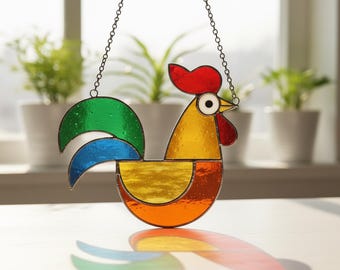 Acchiappasole a forma di gallo in vetro colorato / Decorazione da appendere alla finestra con gallina colorata / Ornamento per arredamento in stile rustico