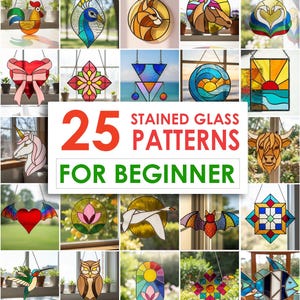 Puede incluir: Una colección de 25 patrones de vidrieras para principiantes. La imagen muestra varios diseños coloridos de vidrieras, incluyendo animales, flores y formas geométricas. Cada pieza está suspendida por una cadena, con una variedad de colores y diseños.